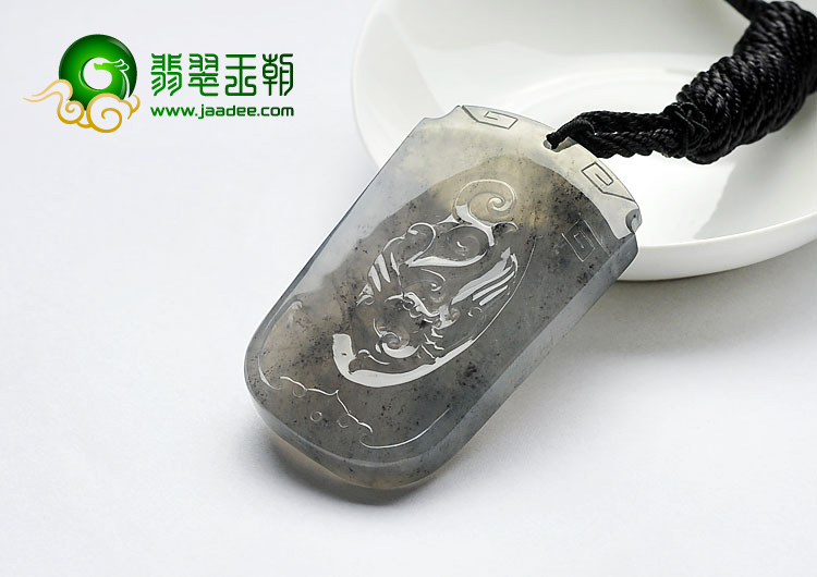 冰种水墨色缅甸翡翠A货仿古凤牌挂件
