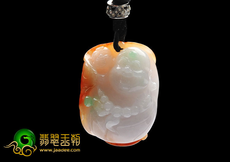糯冰种三彩缅甸翡翠A货童子拜佛挂件