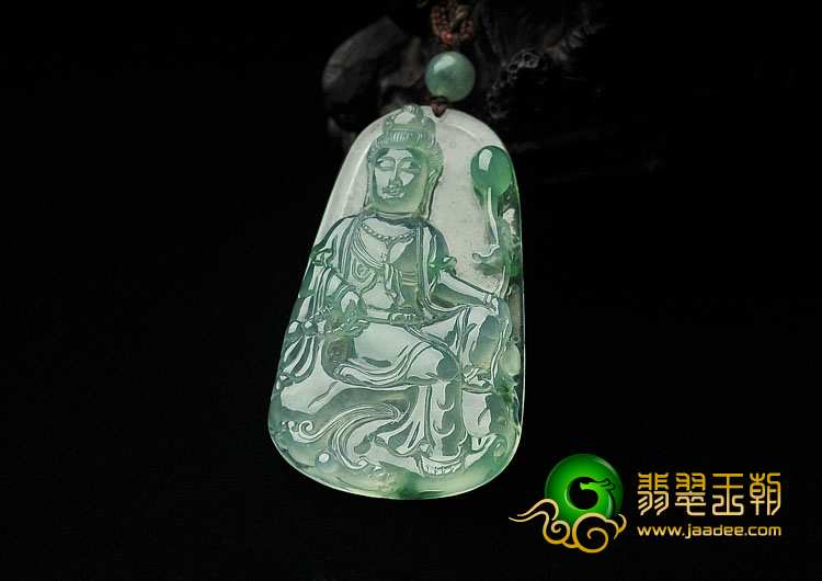 冰玻种飘花缅甸翡翠A货观音挂件