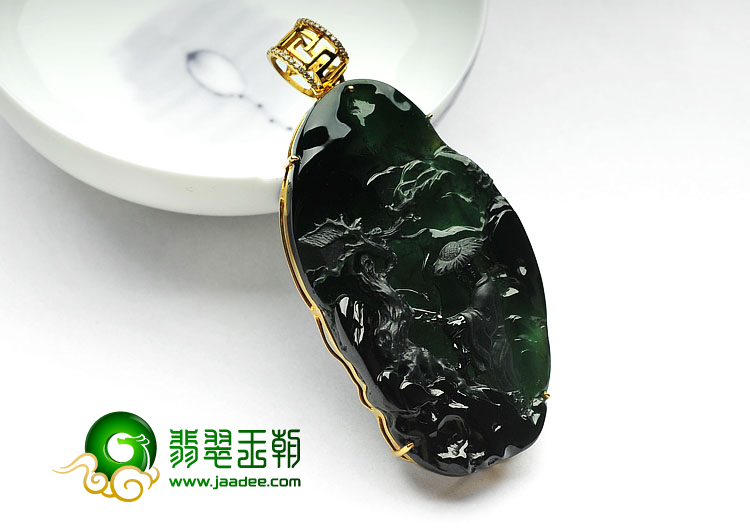 玻璃种墨翠缅甸翡翠A货镶玫瑰金老子出山胸坠（真钻）
