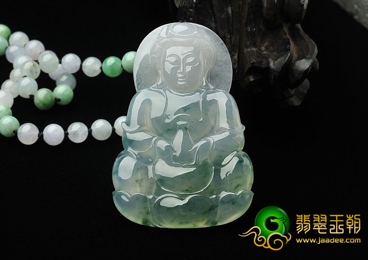 冰玻种飘花缅甸翡翠A货观音挂件