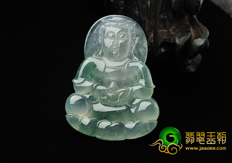 冰玻种飘花缅甸翡翠A货观音挂件