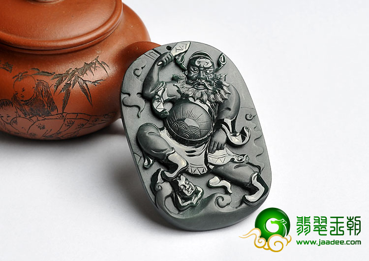 冰种墨翠缅甸翡翠A货钟馗打鬼挂件