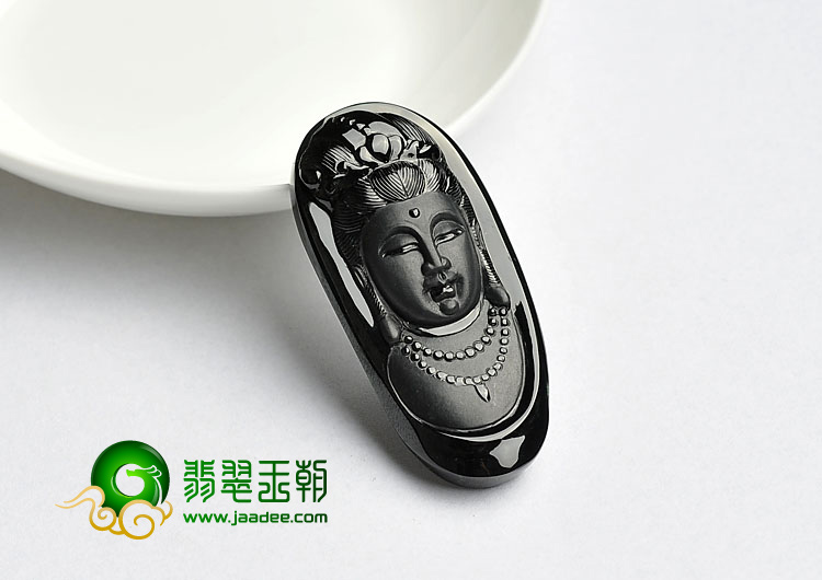 冰玻种墨翠缅甸翡翠A货观音头挂件