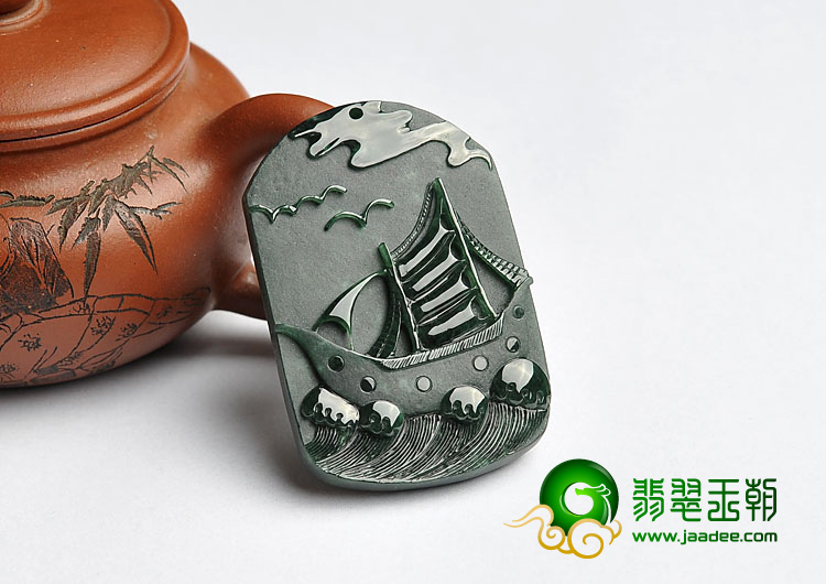 冰种墨翠缅甸翡翠A货一帆风顺挂件