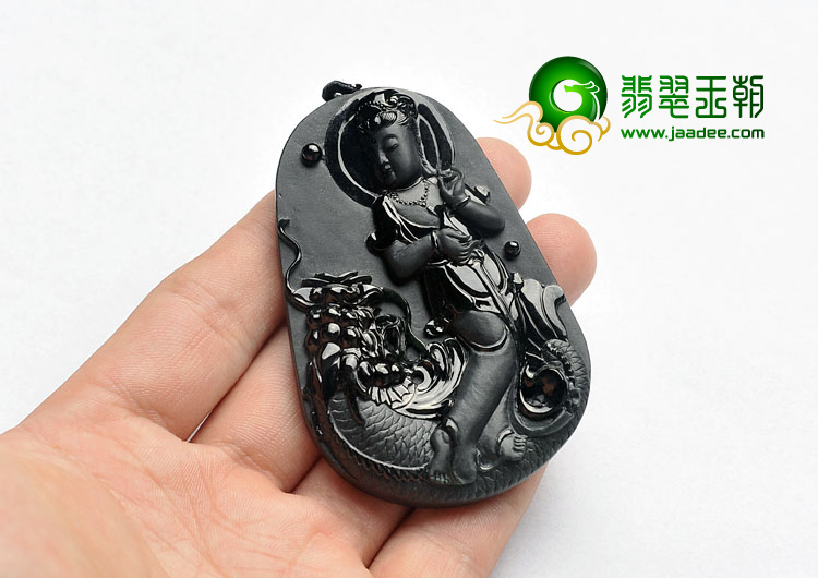 糯冰种墨翠缅甸翡翠A货站观音挂件