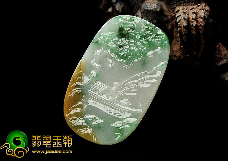 (超值推荐)冰种三彩缅甸翡翠A货渔舟唱晚挂件