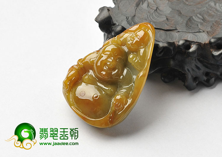 糯冰种褐黄翡飘花缅甸翡翠A货布袋和尚挂件