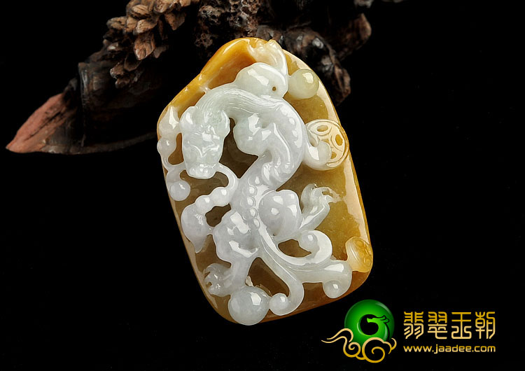 糯冰种褐黄翡缅甸翡翠A货龙牌挂件