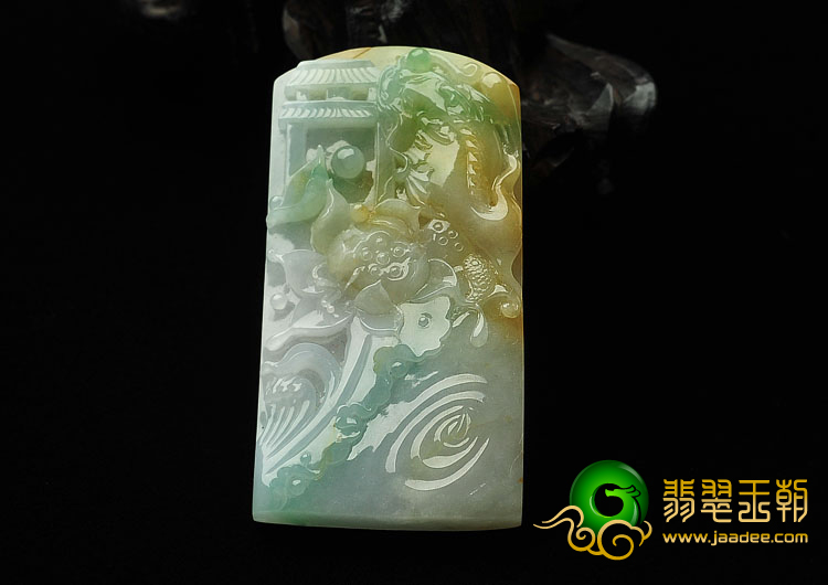 糯冰种黄加绿缅甸翡翠A货鱼跃龙门挂件