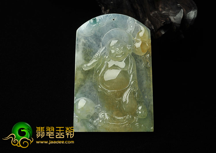 冰种黄翡略飘花缅甸翡翠A货布袋和尚挂件