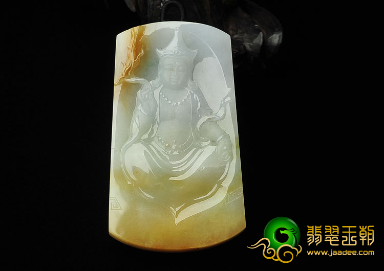 糯冰种黄加绿缅甸翡翠A货持莲观音挂件