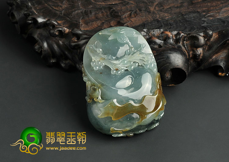 糯冰种褐黄翡晴水缅甸翡翠A货双喜临门挂件