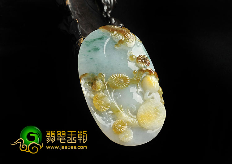 糯冰种褐黄翡飘花缅甸翡翠A货喜上枝头挂件