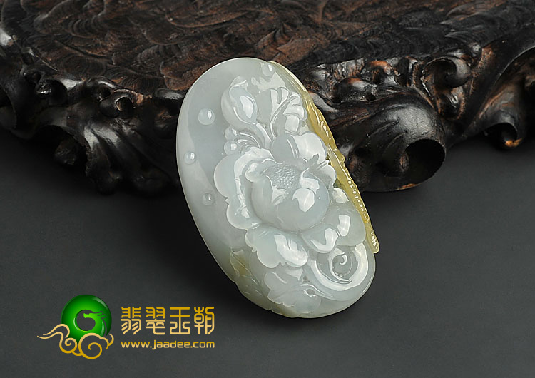 糯冰种褐黄翡飘花缅甸翡翠A货花开富贵挂件