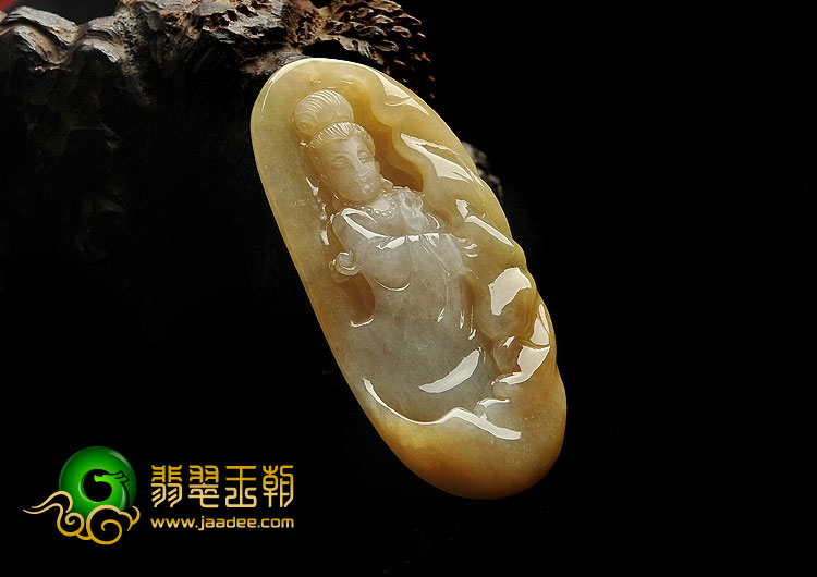 糯冰种黄翡略飘花缅甸翡翠A货站观音挂件