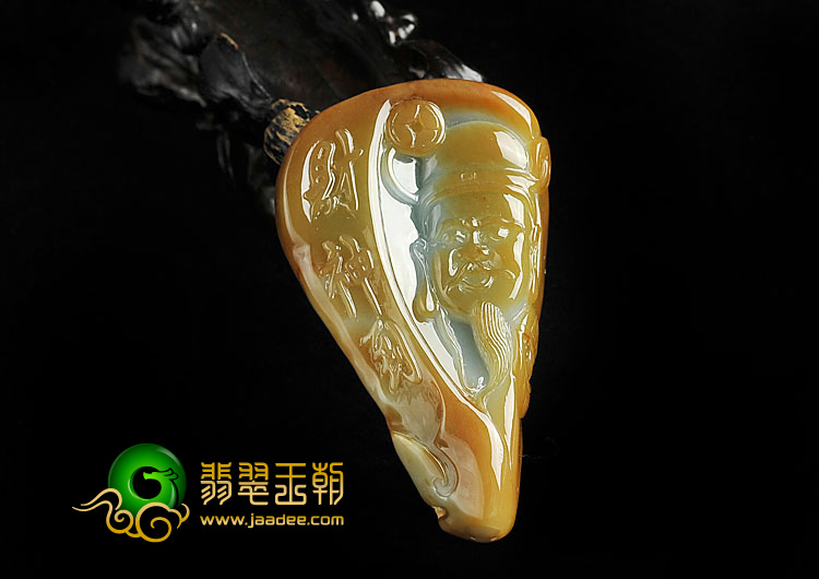 糯冰种褐黄翡缅甸翡翠A货财神到挂件