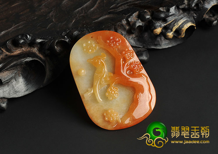 糯冰种红黄翡缅甸翡翠A货喜上枝头挂件