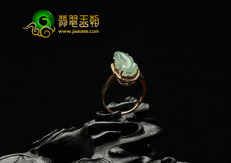 (超值推荐)冰种晴水缅甸翡翠A货镶玫瑰金貔貅戒指（真钻）
