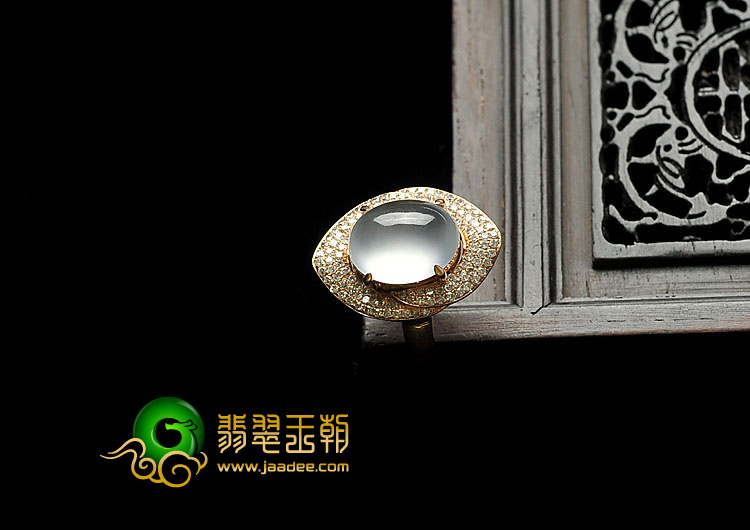 冰玻种无色缅甸翡翠A货镶玫瑰金戒指（真钻）