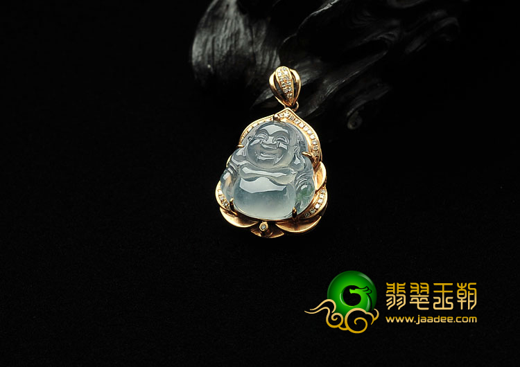 冰种晴水缅甸翡翠A货镶玫瑰金玉佛胸坠（真钻）