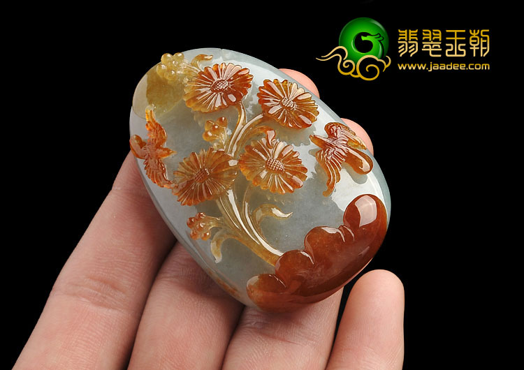 冰种褐黄翡晴水缅甸翡翠A货双喜临门挂件