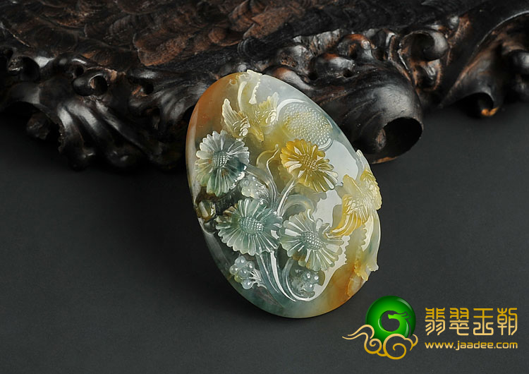冰种褐黄翡飘花缅甸翡翠A货比翼双飞挂件