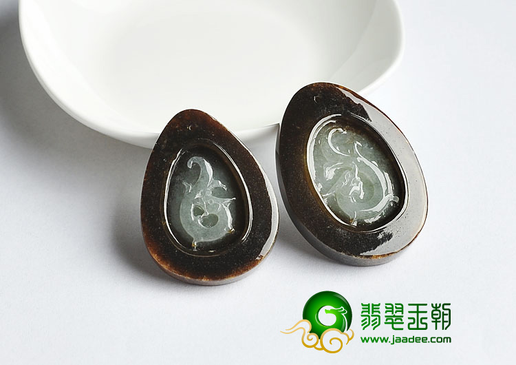 糯冰种褐黄翡缅甸翡翠A货仿古龙凤挂件（一对）