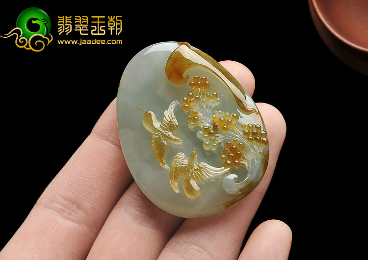 冰种褐黄翡缅甸翡翠A货双喜临门挂件