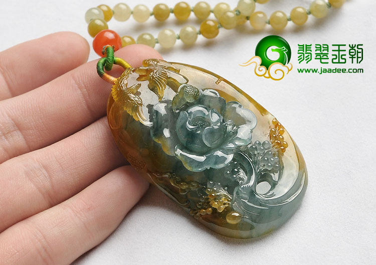 冰种褐黄翡飘花缅甸翡翠A货双喜临门挂件