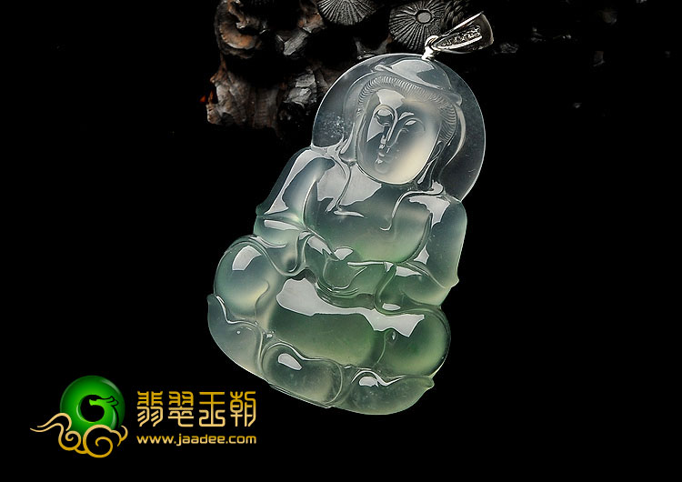 冰玻种绿晴水缅甸翡翠A货观音挂件