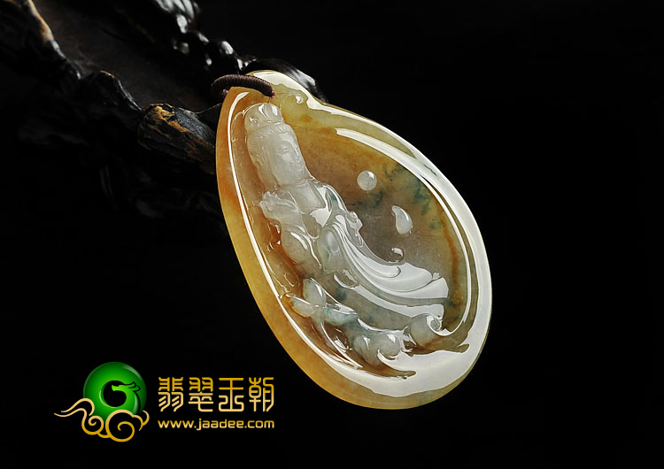 冰种褐黄翡飘花缅甸翡翠A货站观音挂件