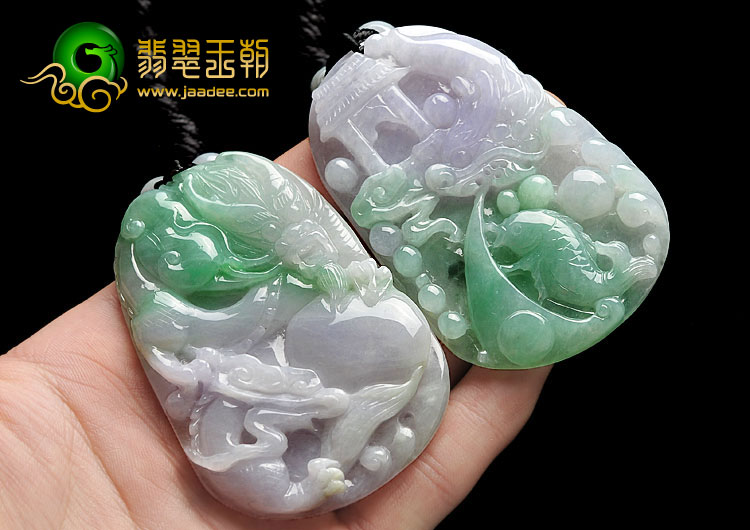 糯冰种春带彩缅甸翡翠A货龙牌挂件(一对)