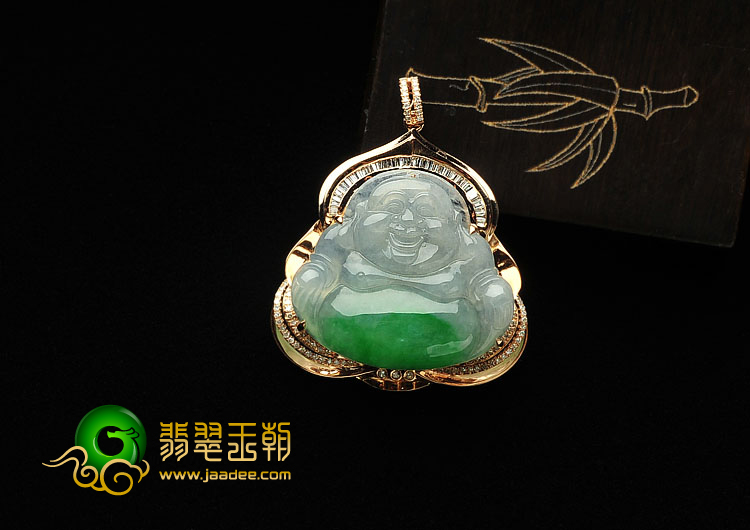 糯冰种飘翠缅甸翡翠A货镶玫瑰金玉佛胸坠（真钻）