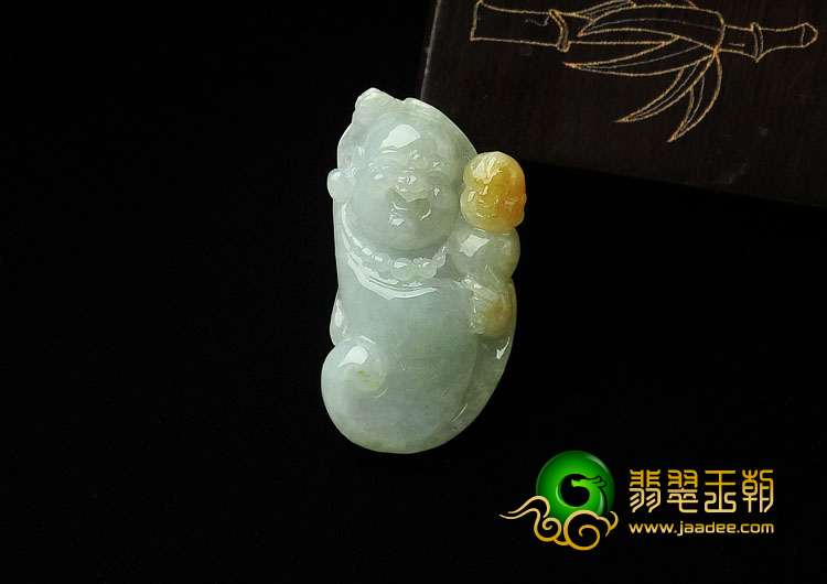 糯冰种晴水略带黄翡缅甸翡翠A货童子拜佛挂件