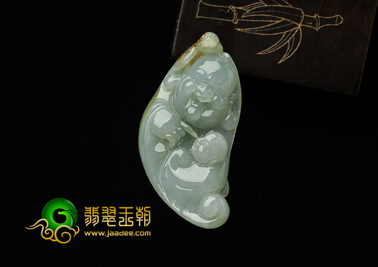 糯冰种晴水略带褐黄翡缅甸翡翠A货童子拜佛挂件