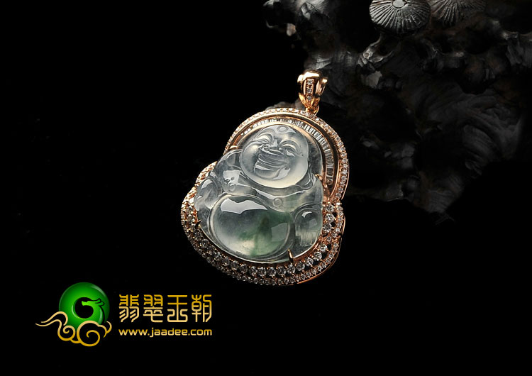 （超值推荐）冰玻种飘花缅甸翡翠A货镶玫瑰金钻石玉佛胸坠