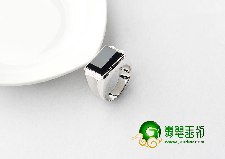 玻璃种墨翠缅甸翡翠A货镶白金钻石戒指（男戒）