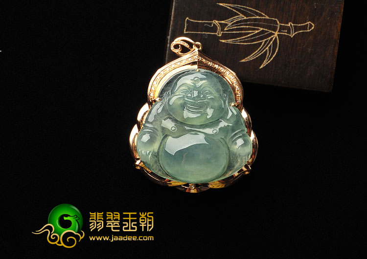 冰种晴水缅甸翡翠A货镶玫瑰金玉佛胸坠（真钻）