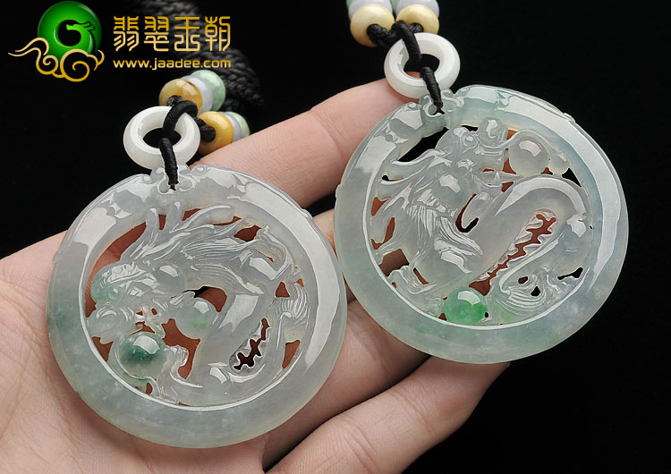 冰种飘花缅甸翡翠A货龙牌挂件（一对）