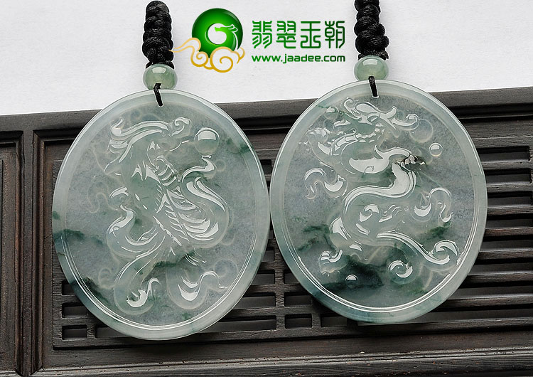 冰种飘花缅甸翡翠A货龙凤牌挂件（一对）
