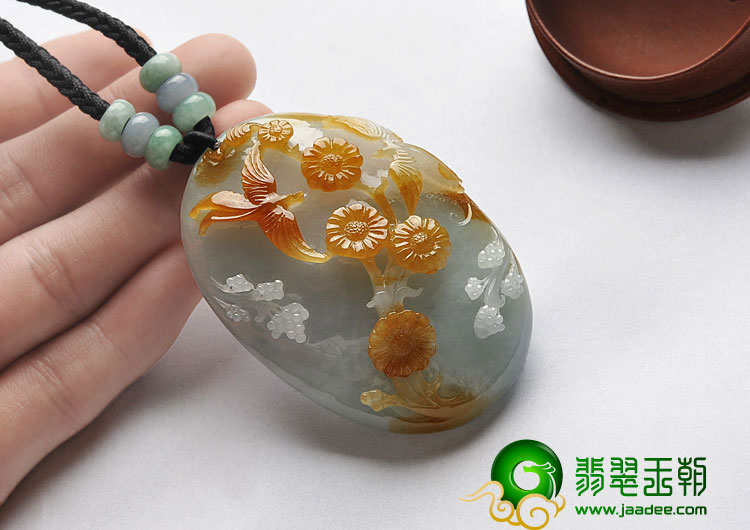 (超值推荐)糯冰种褐黄翡晴水缅甸翡翠A货双喜临门挂件