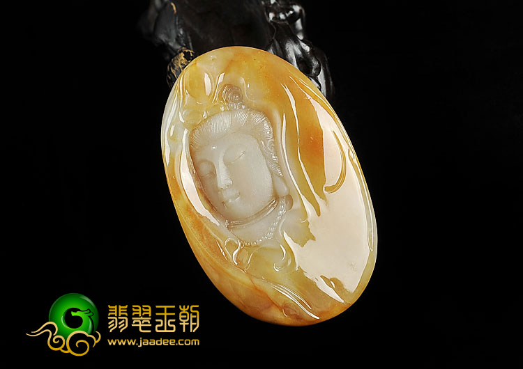 糯冰种褐黄翡缅甸翡翠A货观音头挂件