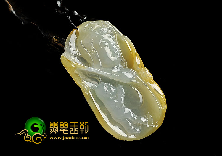 (超值推荐)冰种黄翡缅甸翡翠A货童子拜观音挂件