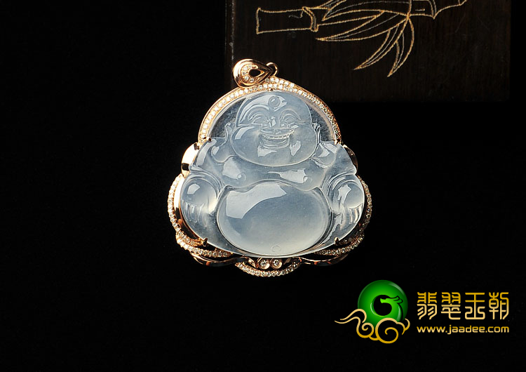 冰种无色缅甸翡翠A货镶玫瑰金玉佛胸坠（真钻）