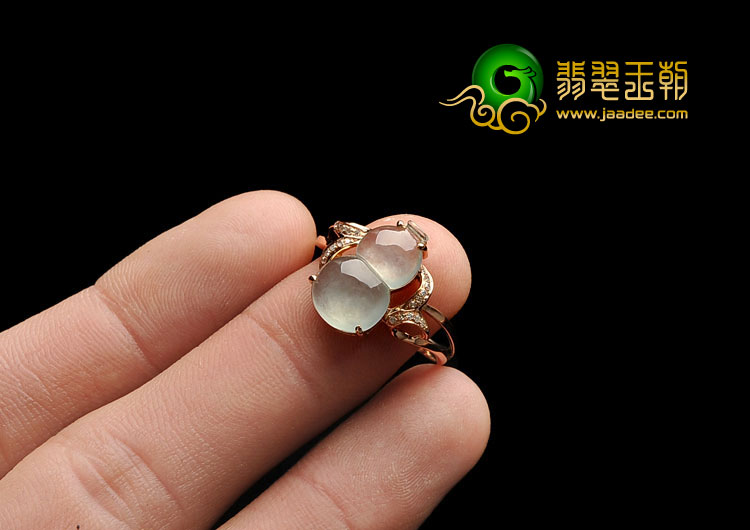 冰玻种淡晴水缅甸翡翠A货镶玫瑰金葫芦戒指（真钻）
