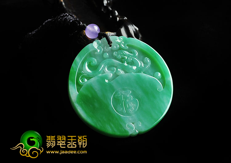 糯冰种翠色缅甸翡翠A货仿古龙凤牌挂件