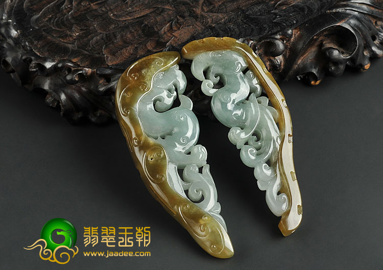 糯冰种褐黄翡晴水缅甸翡翠A货仿古龙凤挂件（一对）