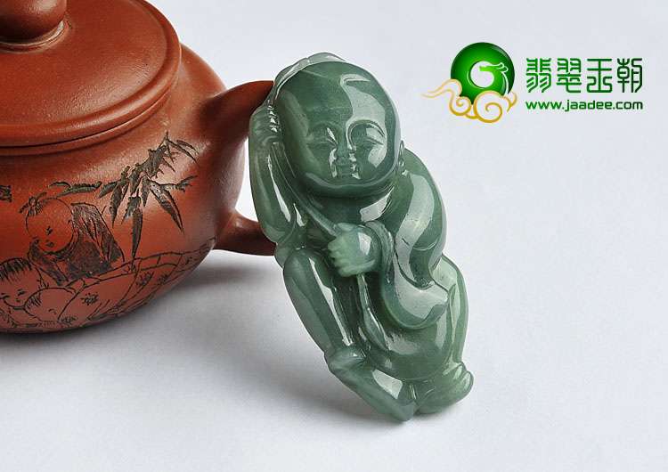 糯冰种油青缅甸翡翠A货童子挂件