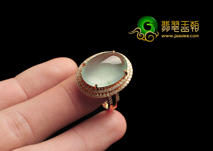 冰玻种晴水缅甸翡翠A货镶玫瑰金戒指（真钻）
